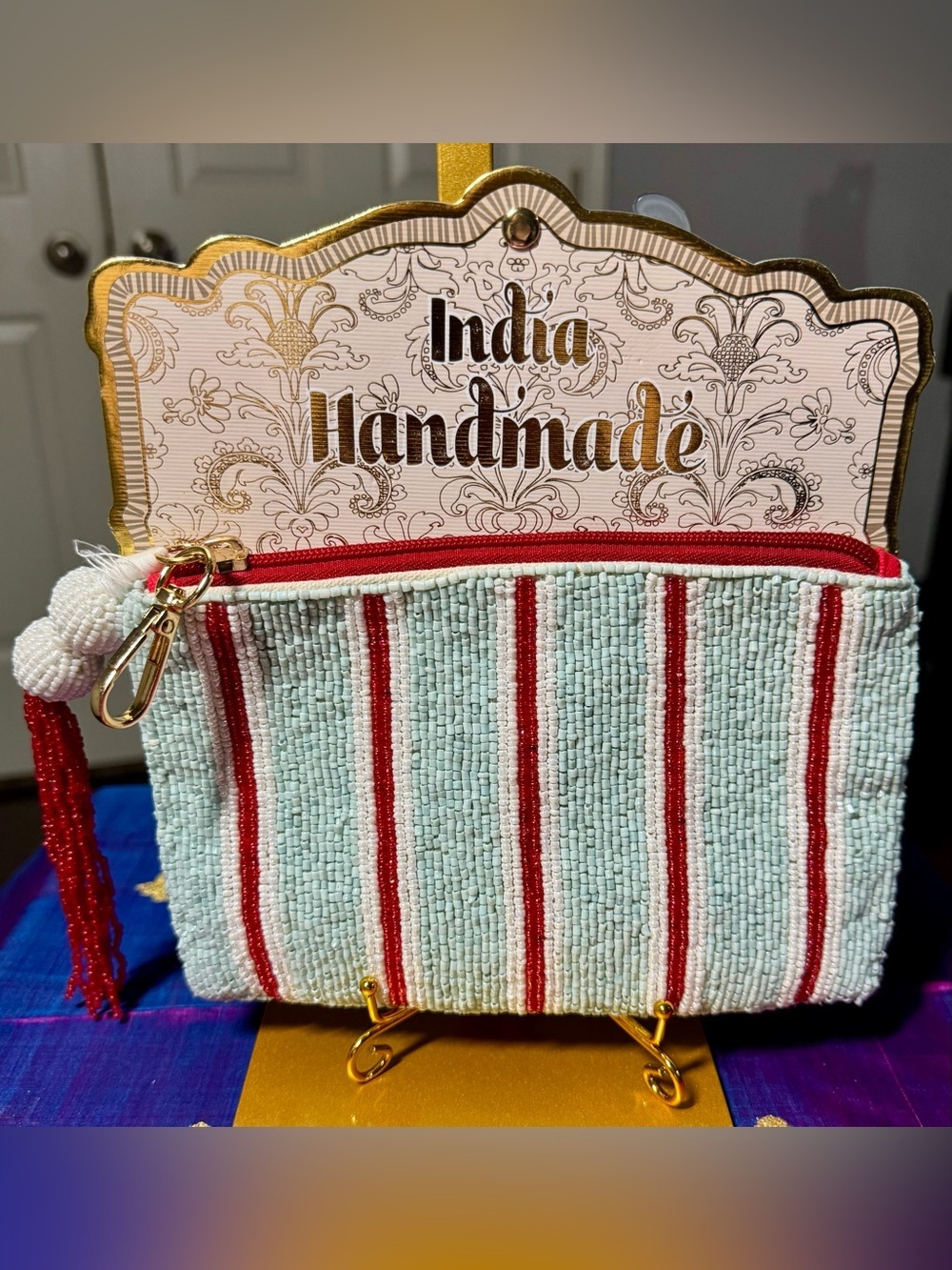 NWT India Handmade Striped Beaded Pouch Zipper Bag with Tassel Viral